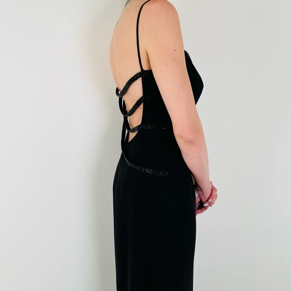 Vintage Lillie Rubin black embellished maxi open back party evening gown dress